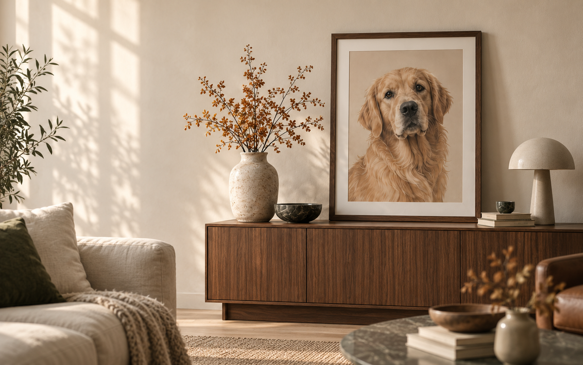 A framed golden retriever portrait in a warm Scandinavian living room